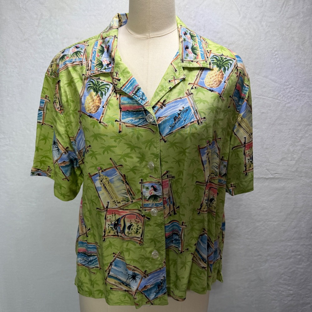 Holly Lane Womens L Hawaiian Aloha Shirt Lime Green Short Sleeve Tropical Print